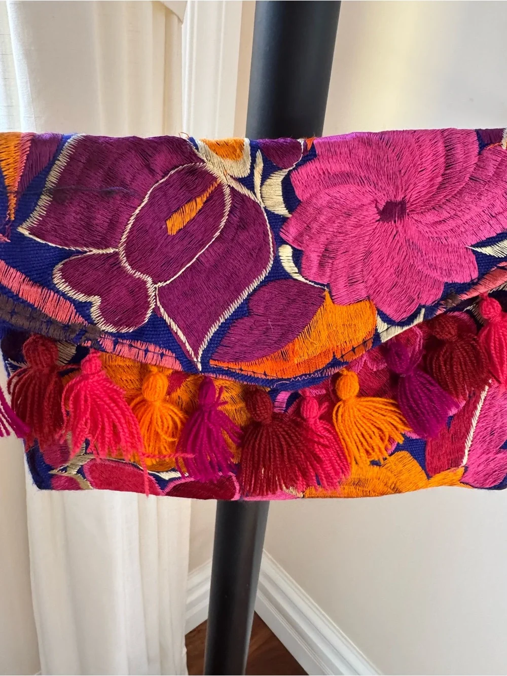 Woman Purse Vibrant Floral Tassel Crossbody Bag Fuchsia Orange Colorful Mexico